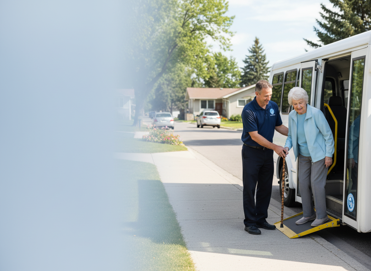 Friendly driver assisting a senior with a cane into a white handi-van at the curb in daytime, Wetaskiwin community neighborhood background, nonprofit handi-bus service, clear view of a plain white van with subtle blue logo, space on the left for headline text, warm and trustworthy tone.