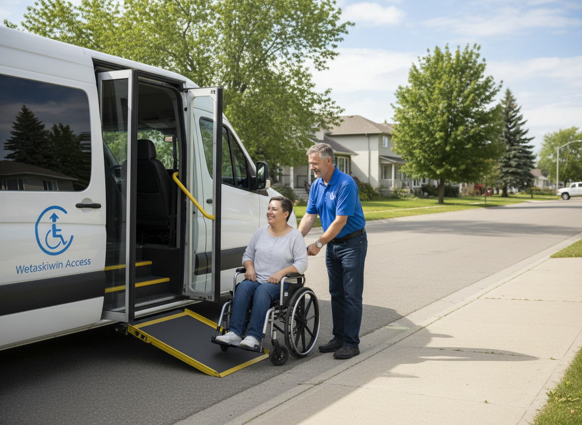 A friendly driver assisting an adult using a wheelchair onto a white handi-van at the curb in daytime, Wetaskiwin community neighborhood background, nonprofit handi-bus service, clear view of a plain white van with a subtle blue logo, warm and trustworthy tone.