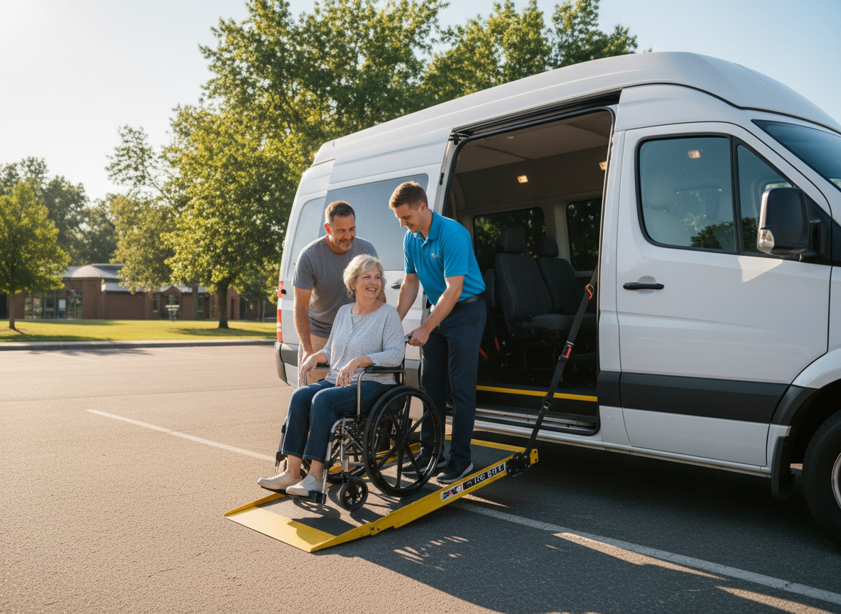 A white handi van parked outdoors, with a driver assisting an adult using a wheelchair boarding the vehicle via an accessibility ramp, bright daylight, photorealistic